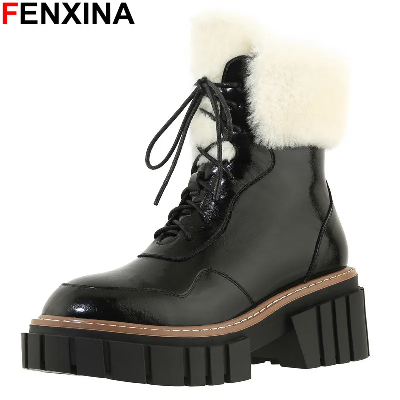 

FENXINA Size 33-42 Genuine Leather Wool Snow Boots Lace Up Platform Warm Winter Boots Square High Heels Ankle Boots