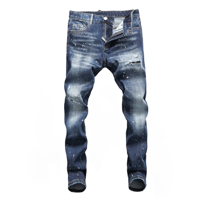 Fashion Streetwear Men Jeans Retro Blue Elastic Slim Fit Patched Ripped Jeans Men Painted Designer Hip Hop Brand Pants Hombre
