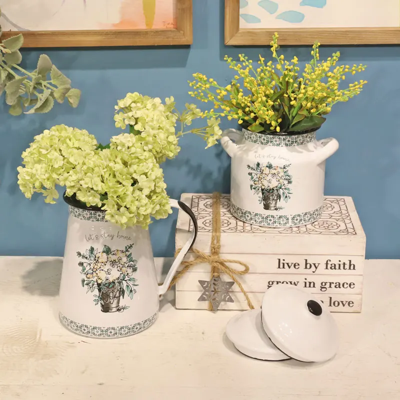 

Beautiful Floral Theme Lidded Enamel Containers as Oil Pot or Tea Canister