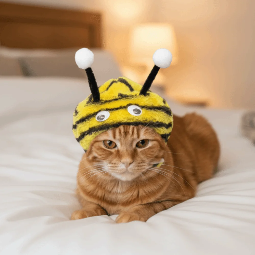 Cute Warm Cat Bee Headdress Adjustable Cat Headwear with Active Eyes Cartoon Cat Decorative Hat Pet Cosplay Show