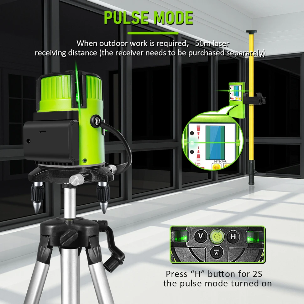 CLUBIONA Green 5 line 6 points Horizontal and Vertical Laser Lines Separately and Outdoor Mode Receiver Auto Line Laser Leve