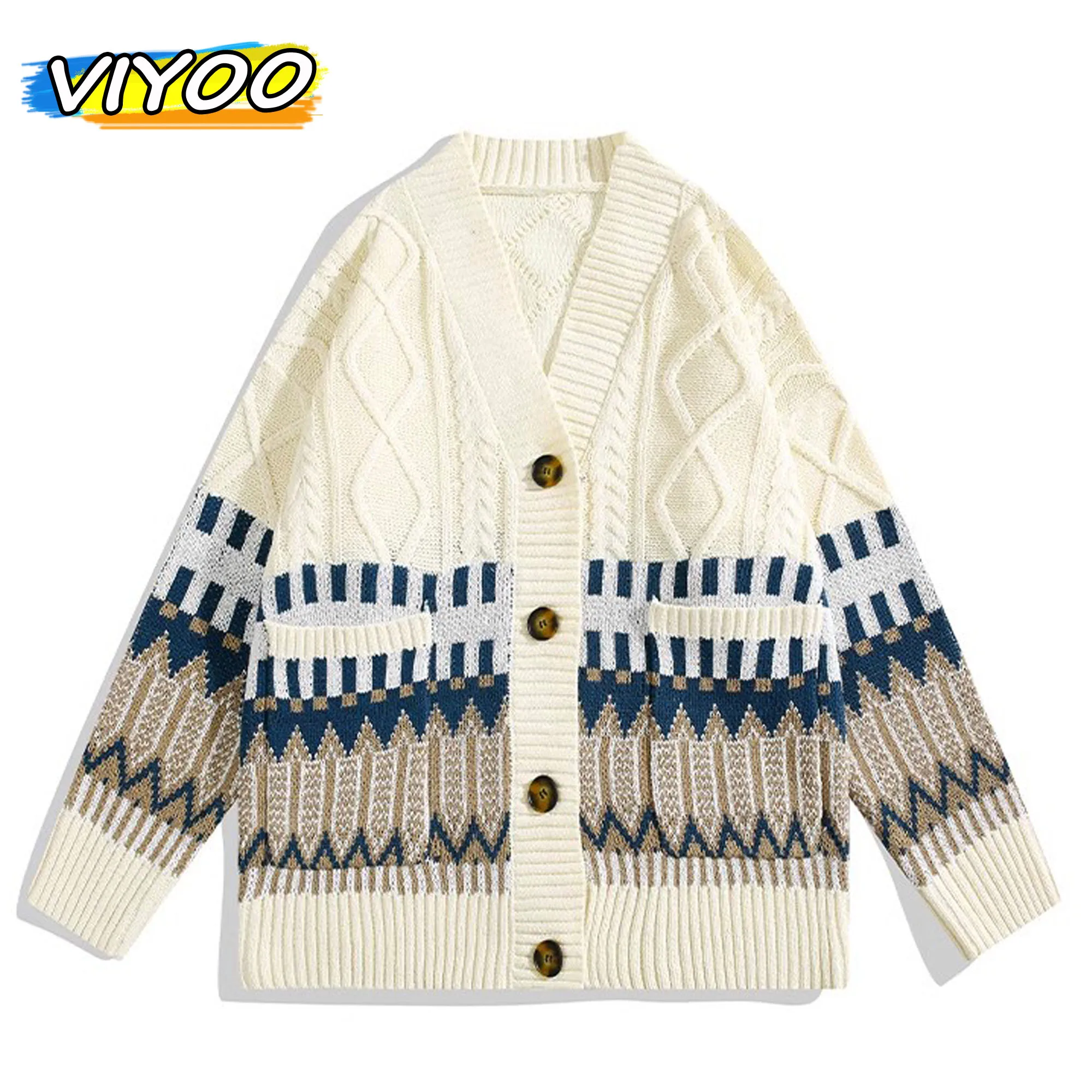 

Men's Harajuku Printed Knitted Sweater Cardigan Knitwear Loose Button Outerwears Male Coat Overcoat Pullover Tops