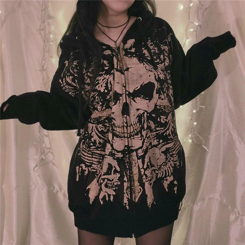 

Cyber y2k Sweatshirt Women Gothic Punk Skull Print Long Sleeve Tops Grunge Hoodie Zip Up Coat 2000s Clothes Streetwear