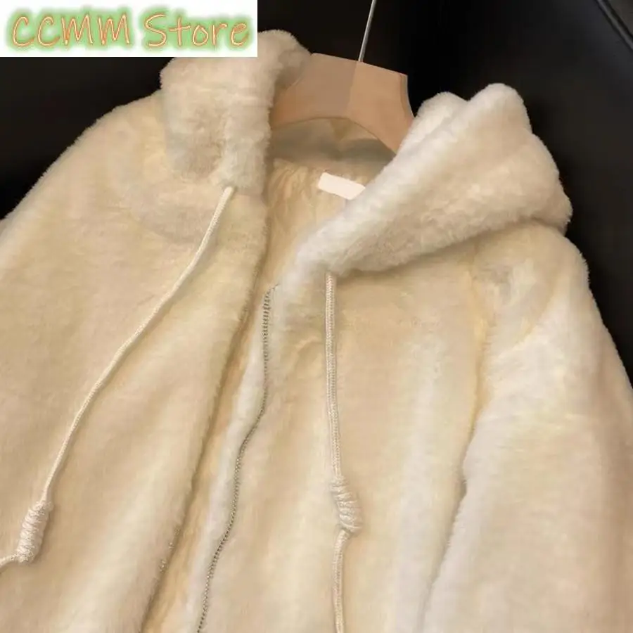 New Imitation Lambwool Outwear Top White Coat Warm Furry Overcoat Casual Winter Hooded Faux Rabbit Fur Plush Women Jacket