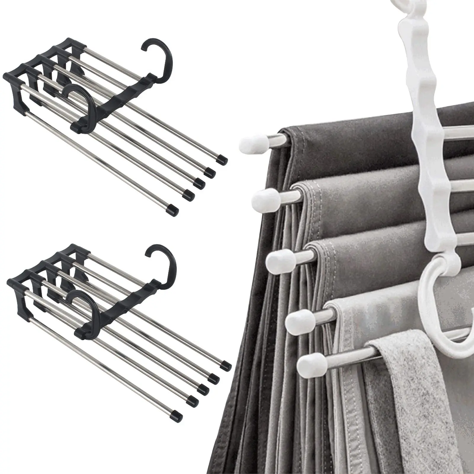 

Pant Hangers Space Saving Magic 5-in-1 Pants Rack Multi-use Closet Organizer Telescopic Wardrobe Trousers Scarf Storage Rack