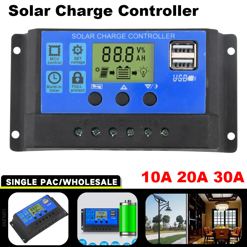 Solar Charge Controller 12V/24V PWM 10A 30A with Adjustable LCD Display Timer Setting