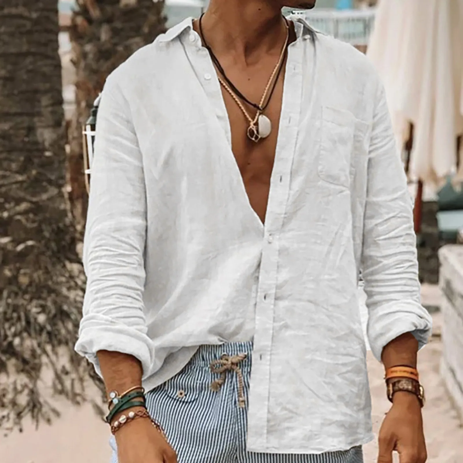 

Cotton Linen Shirts Men Ultrathin Button Long Sleeve Beach Blouses Hawaiianss T Shirts Outdoor Vacation Retro Tee Tops Male