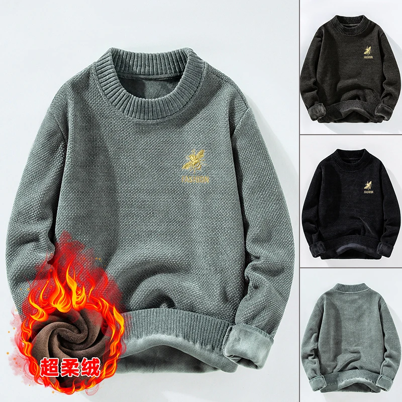 

Sweater Men's Autumn and Winter Pullover Round Neck Embroidery Solid Color Loose Fashion Knit Versatile Bottom Long Sleeved Tops