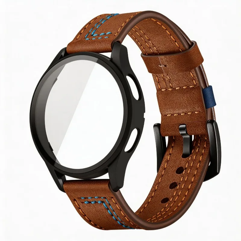 Vintage Leather Breathable Watch Strap with Glass Case & Screen Protective Cover
