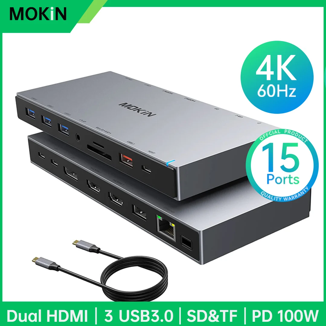 

Док-станция для ноутбука MOKiN, док-станция USB C, стандартная с 4K HDMI, DP, RJ45, SD/TF, 5 USB, аудио, PD 100 Вт, для Mac iPad