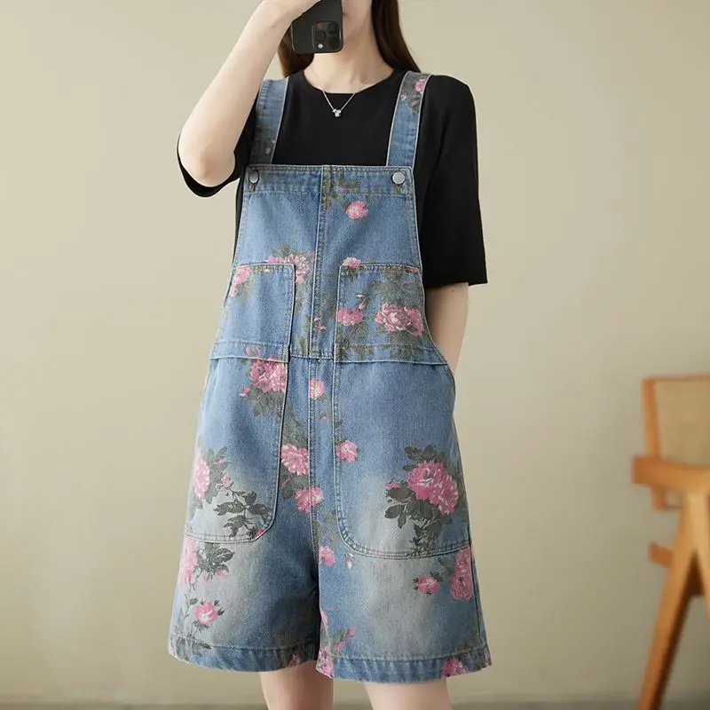 Vintage Floral Printed Denim Palysuit Women Casual Jeans Rompers Loose Strap Sleevelrss Wide Lef Overalls
