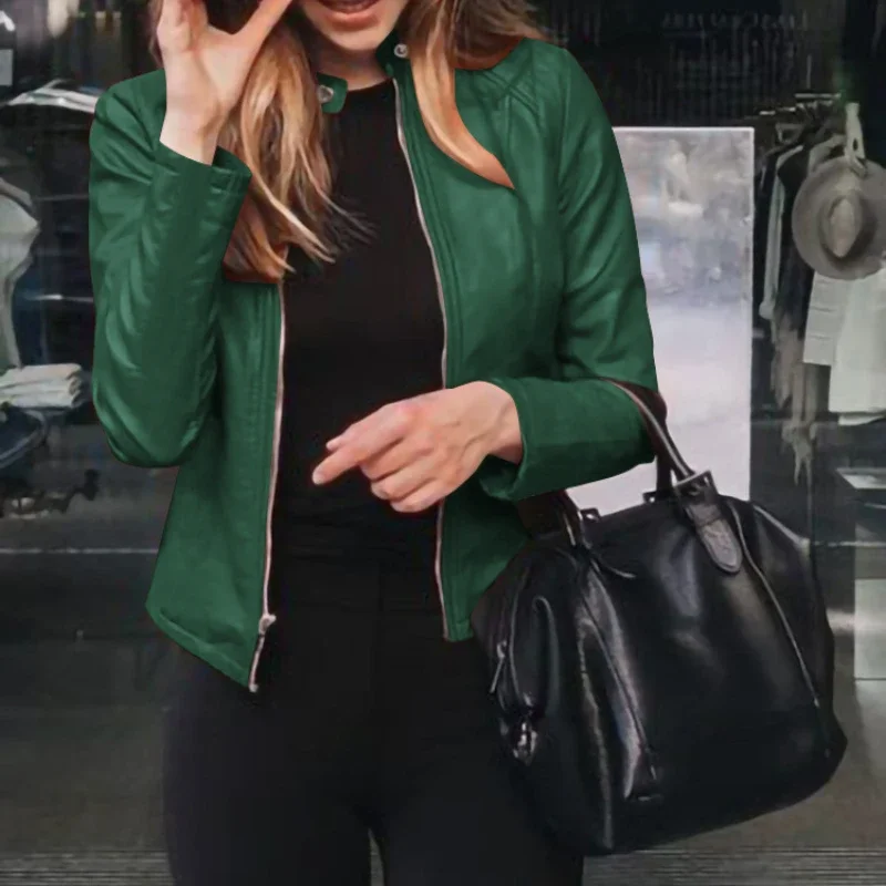 

Women Fashion Street Autumn Winter Faux Leather Jackets Casual Zipper Leather Jacket Motorcycle Long Sleeve Slim Coats Female