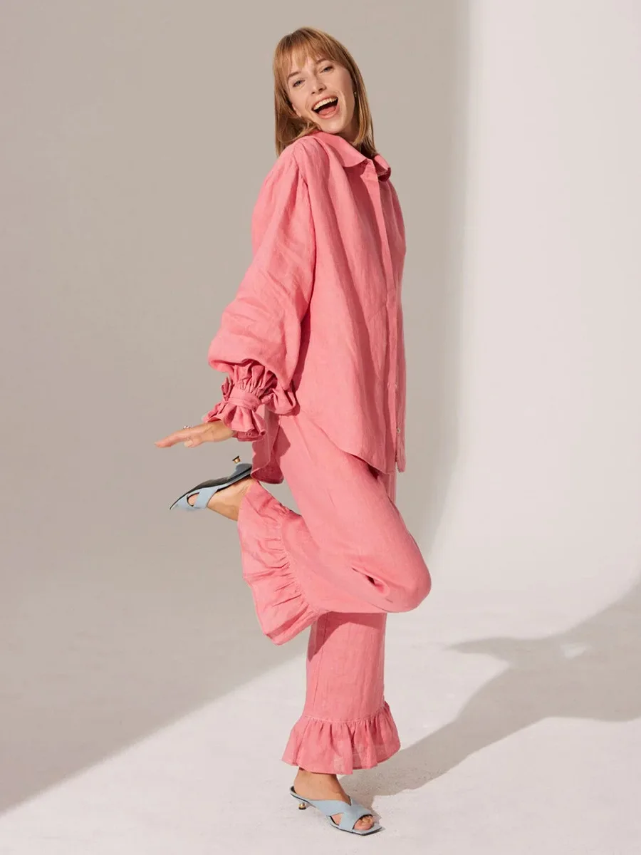 Bornladies 100% Cotton Fashionable Ruffled Shirt Pants Set Woman's Autumn New Flared Sleeve Cardigan Pants Set