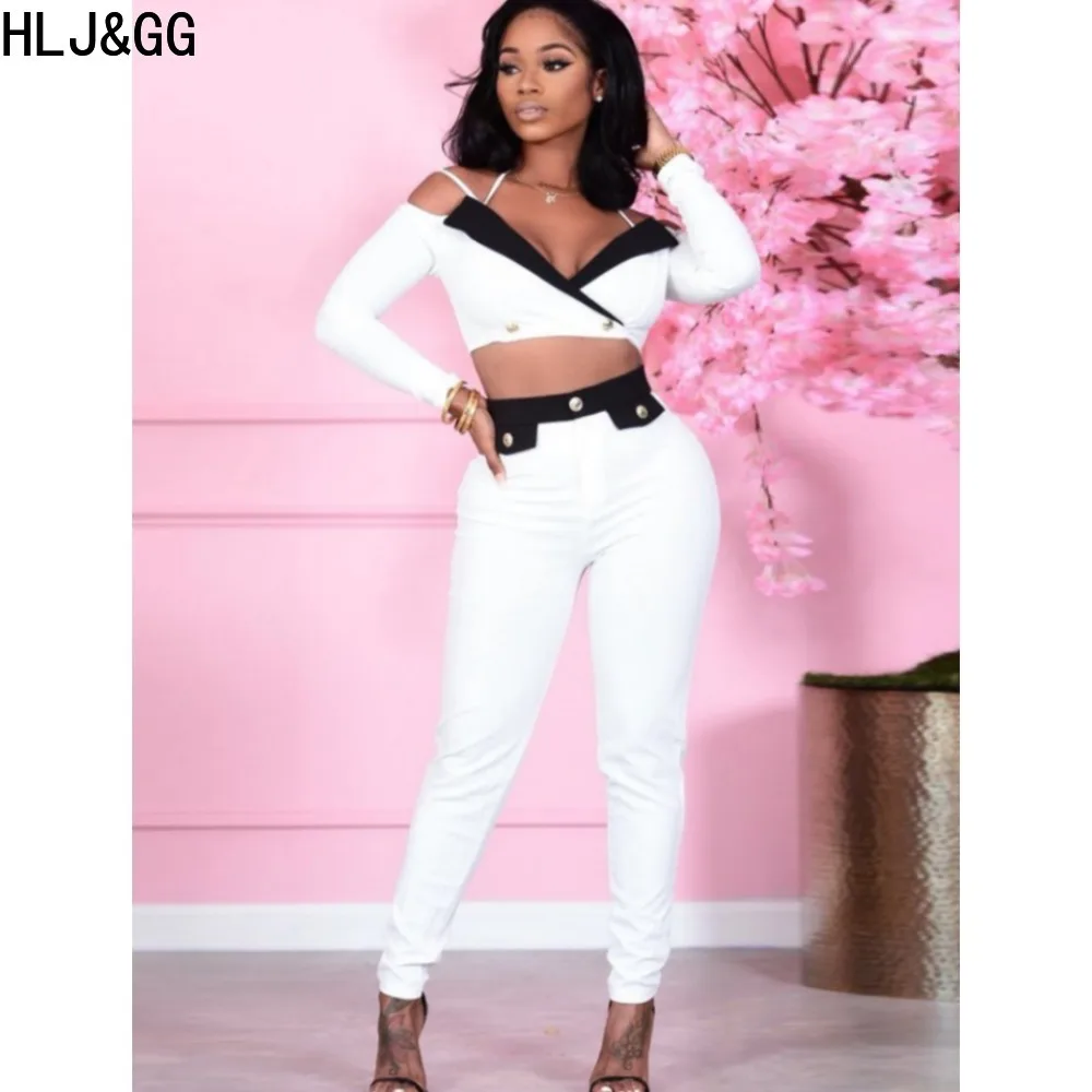 HLJ&GG Sexy Deep V Off Shoulder Two Piece Sets Women Long Sleeve Crop Top + Skinny Pants Tracksuits Female Matching 2pcs Outfits