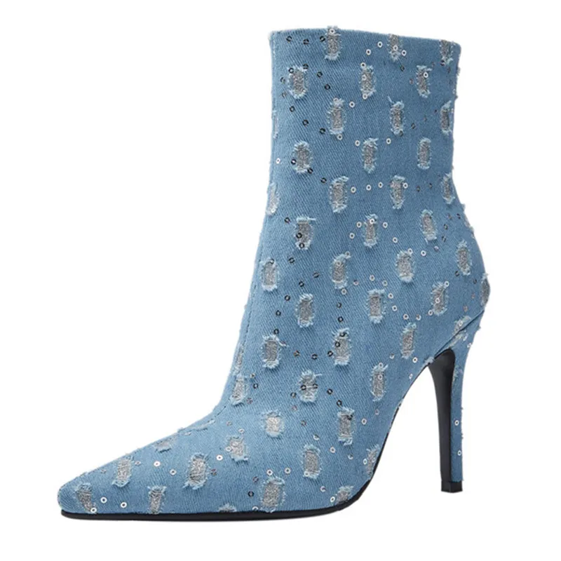 

2023 Women Ankle Boots Pointed Toe Thin Heels Side Zippered Female Shoes Washed Denim Hollow Out Ladies Short Boots Size 35-43