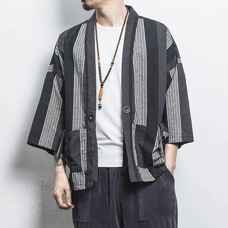 Japanese Male Kimono Cardigan Men Harajuku Streetwear Samurai Costume Plus Size Yukata Haori Chinese Style Coat T-shirt 4XL 5XL