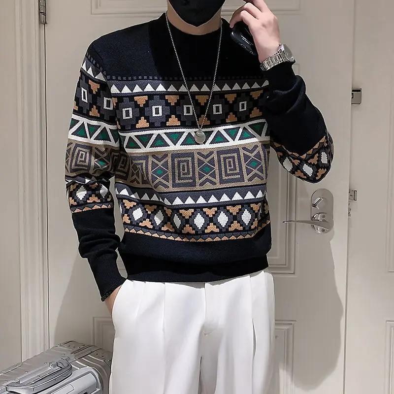 Autumn Winter New Printing Fashion Long Sleeve Sweater Man High Street Casual Loose Thicken Warm Korean Style All-match Pullover