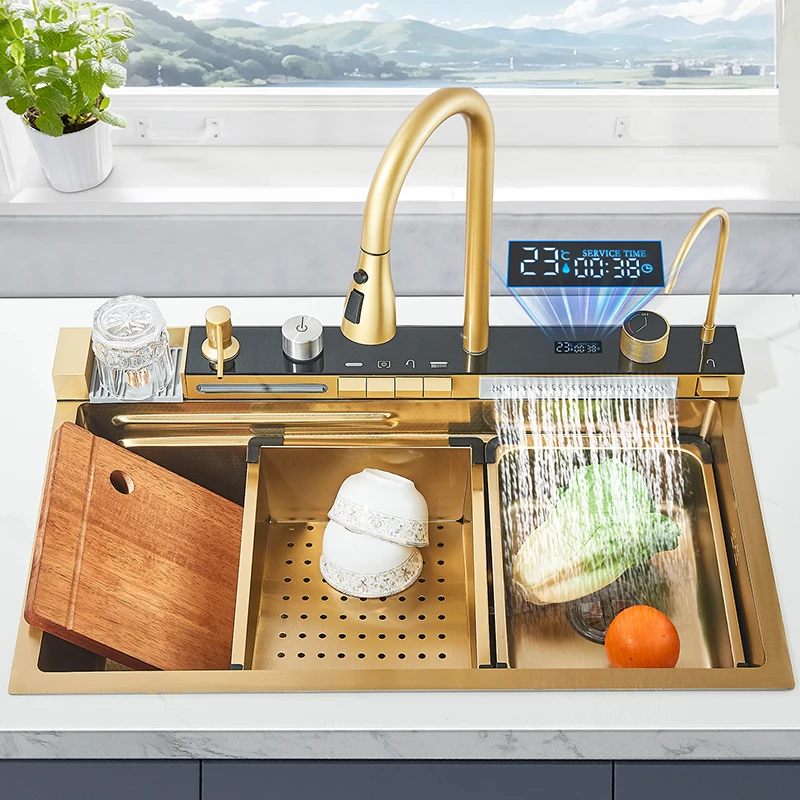 Stainless Steel Kitchen Sink with Faucet 75*45cm Large Single Bowl Digital Display Dish Basin Sink Waterfall Hot Cold Faucets kitchen accessories kitchen sink kitchen sink faucet set