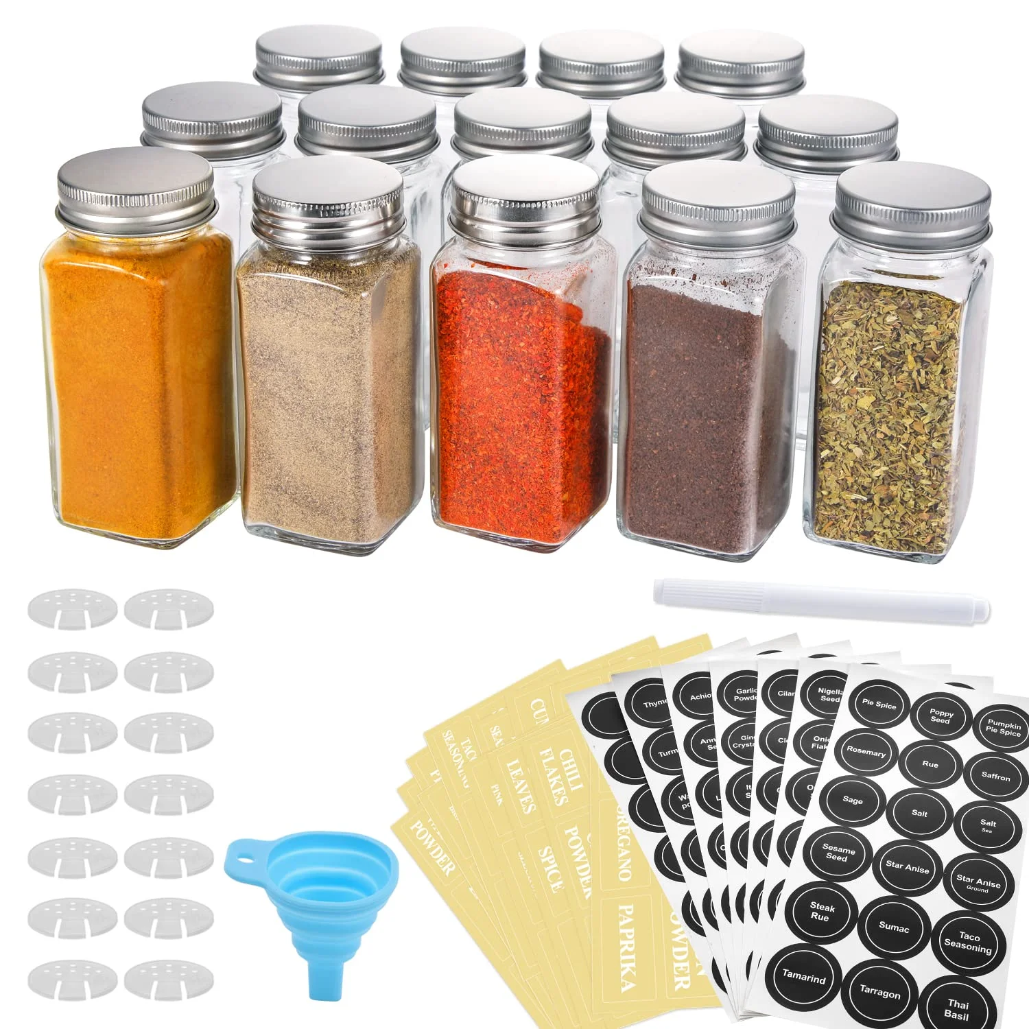 24 PCS Glass Spice Jars with Spice Labels, 4oz Empty Square Spice Bottles  Containers, Shaker Lids and Airtight Metal Caps, Silicone Collapsible  Funnel Included