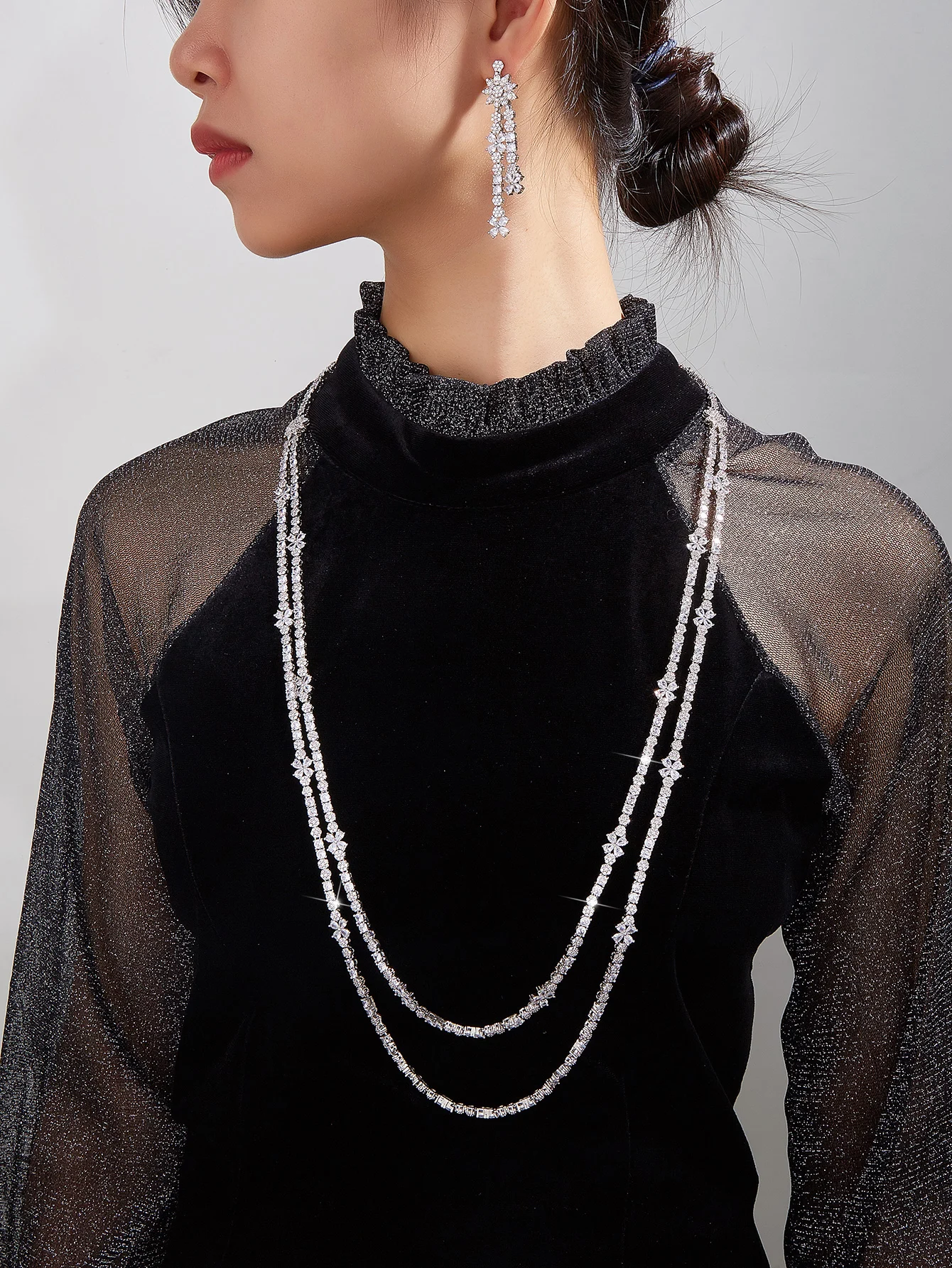 

Luxury Trendy Dubai Long Sweater Chain Zirconia Necklace Earring 2Pcs Jewelry Sets For Women Wedding Bridal Party Accessories
