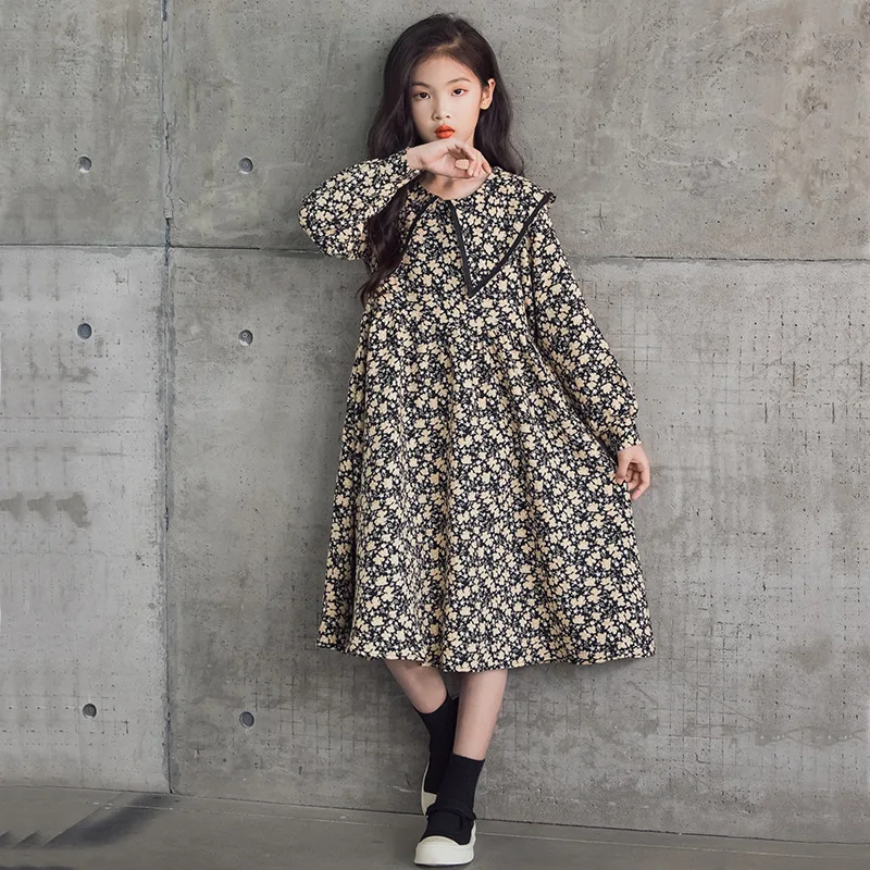 

Teen Girls Floral Dress 2023 Autumn New Kids Clothing Elegant Children Midi Length Princess Dress Sweet Big Turn Down Collar