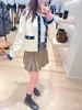 2025 Spring Women Denim Splice Knit Cardigan Contrast Color Stripes O-Neck Female Preppy Style Sweater Coat 3
