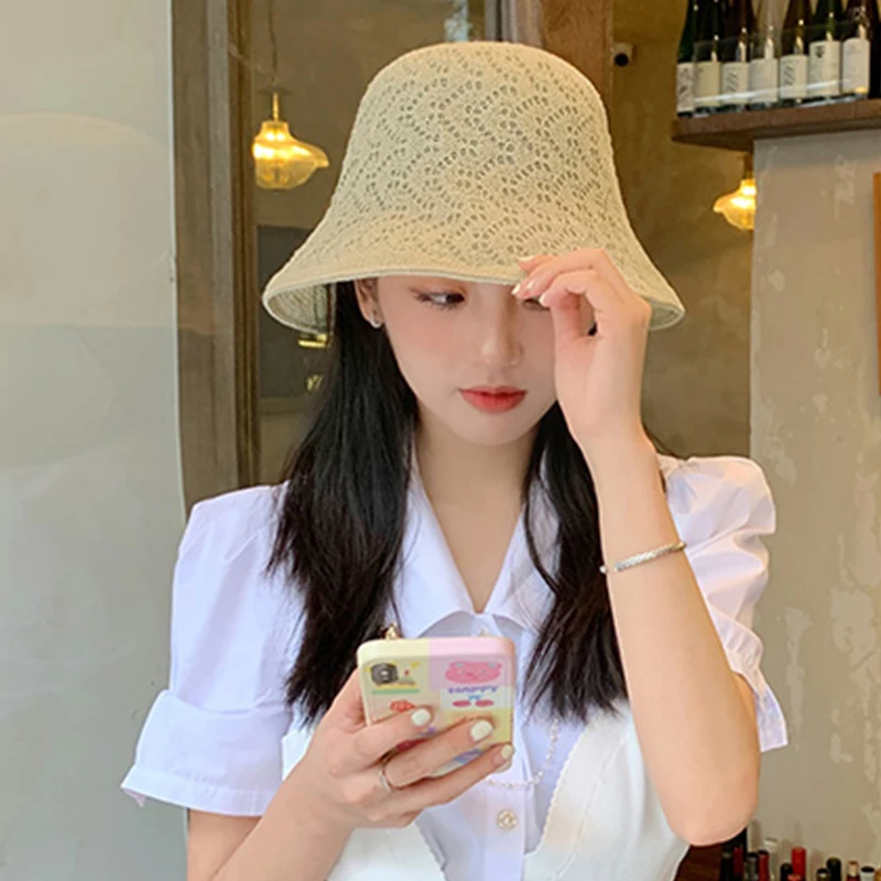 Summer Hats Wide Brim Dome Bucket Hat Foldable Beach Caps Knit Handmade Hollow Out Foldable Women
