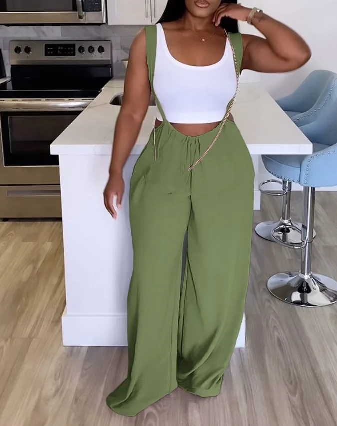 Casual Women's Playsuit 2024 Spring/summer 2024 Women Solid Thick Straps Pastel Pocket Decor Wide Leg Suspender Jumpsuit