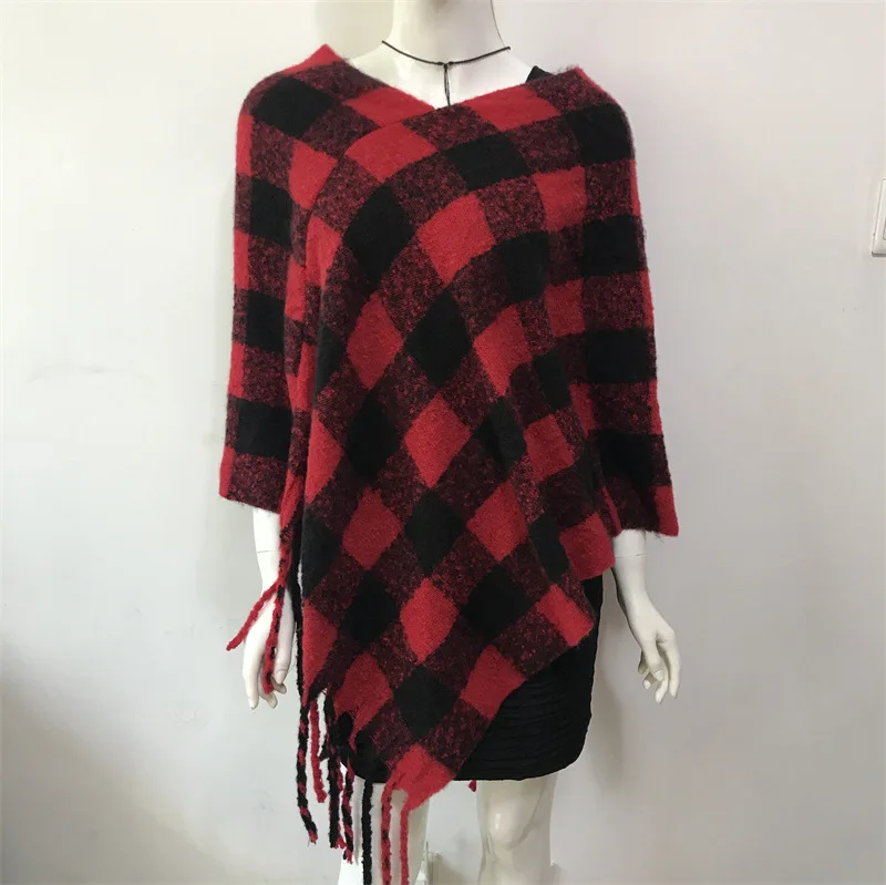 

Spring Autumn Hot Selling New Ring Yarn Coarse Tassel Small Lattice Women Cloak Shawl Lady Imitation Wool Red