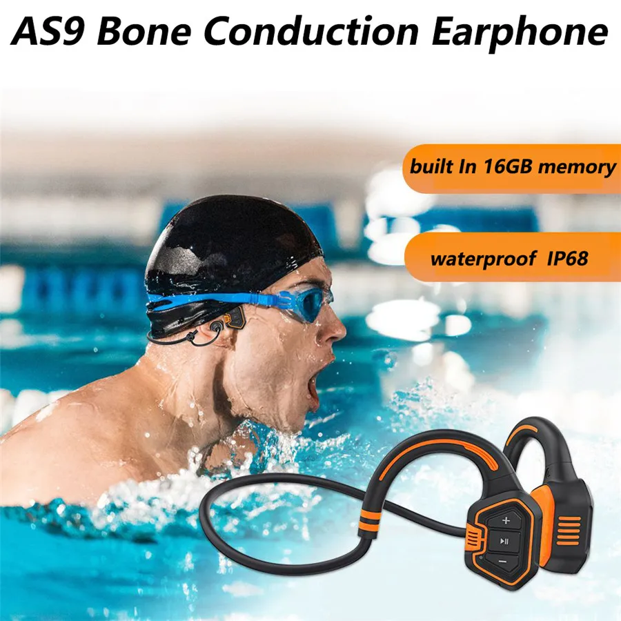 AS9 Bone Conduction Headset Wireless Sports Waterproof Built-in 16G memory MP3 Music Player Swimming Bone Conduction Headset