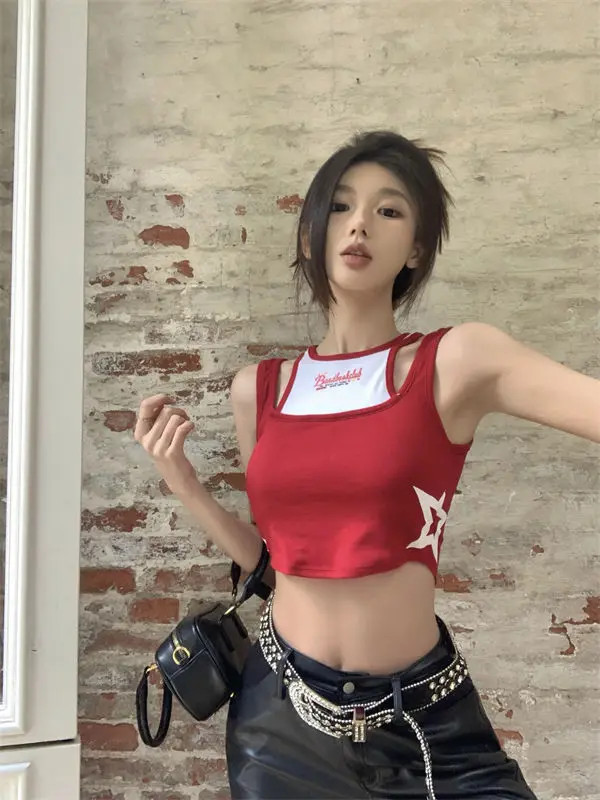 

American retro fake two-piece hot girl vest for women to wear summer design contrasting short suspender star printed niche top