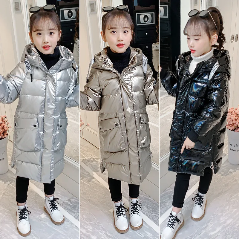 Russian Winter Down Cotton Jacket for Girls Waterproof Shiny Warm 5-14Years Teenage Hooded Thicken Coat Kids Parka Snowsuit