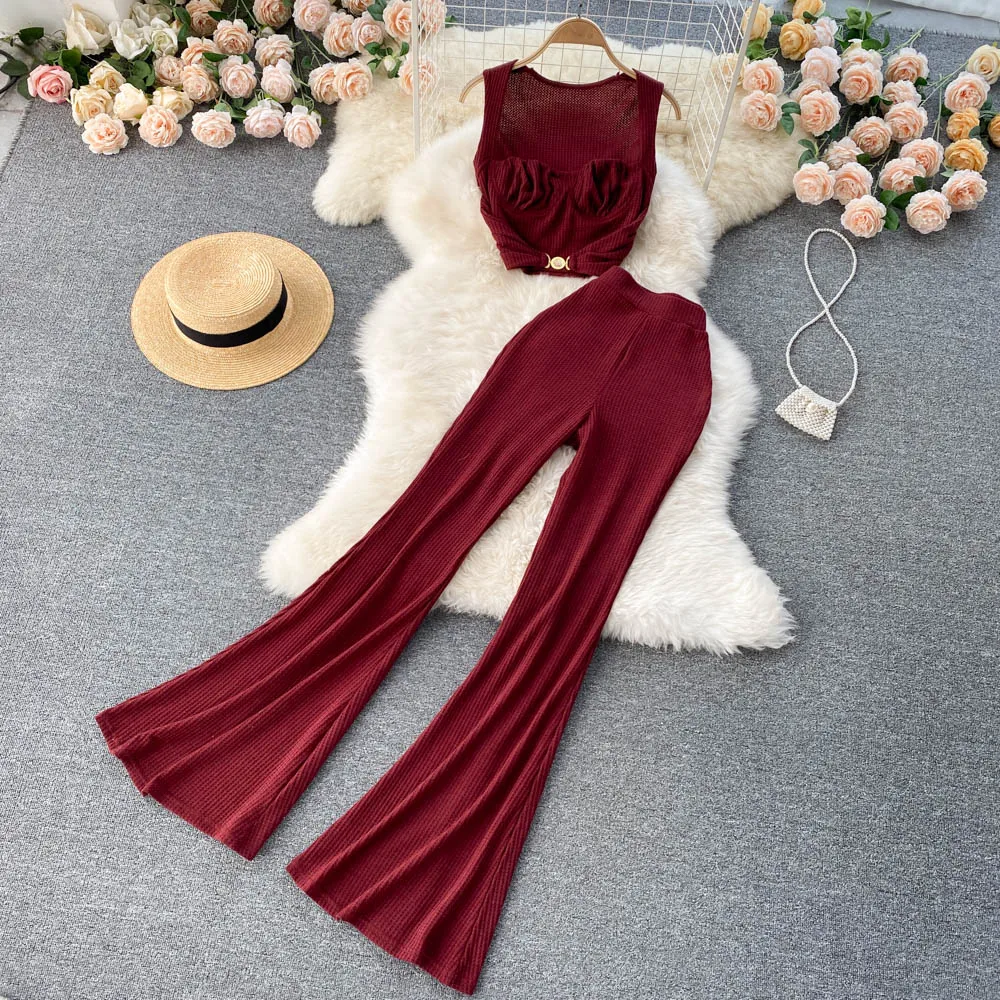 

Spring Women Red/Black/White Two Piece Set Elegant Square Collar Short Tops + High Waist Flare Pants Fashion Suits Female 2022
