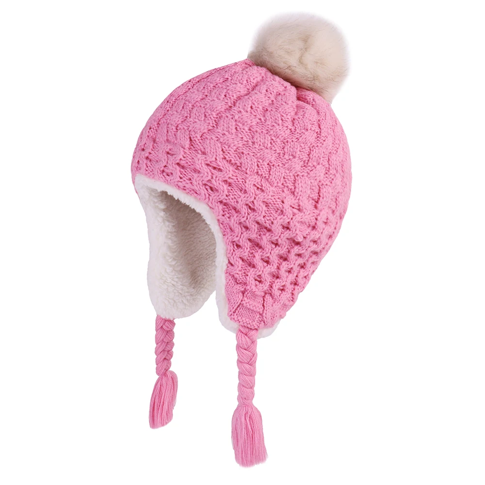 

Baby Winter Knit Earflap Hats For Girls Boys Toddler Infant Crochet Faux Fur Pompom Beanie Kids Fleece Lined Braided Trapper Cap