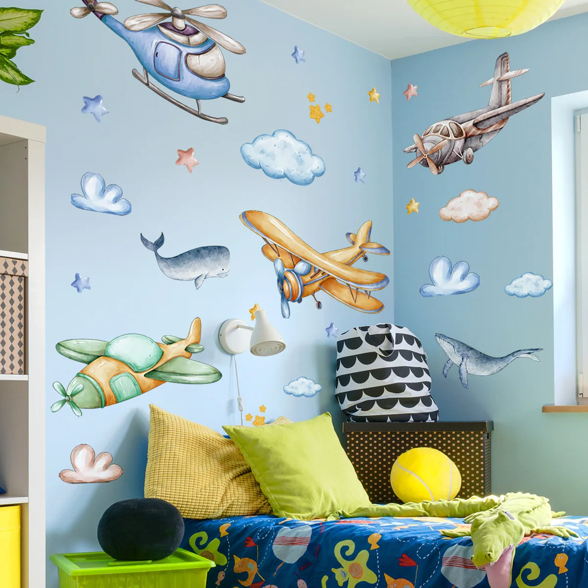 Cartoon Creative Wall Stickers - Airplane, Cloud, Whale Design for Kids' Room, Nursery, Kindergarten & Living Room