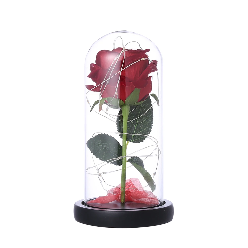 

Enchanted Red Silk Rose with Fallen Petals in Glass Dome on a Wooden Base Best Gift for Home/Office or Home Decorations