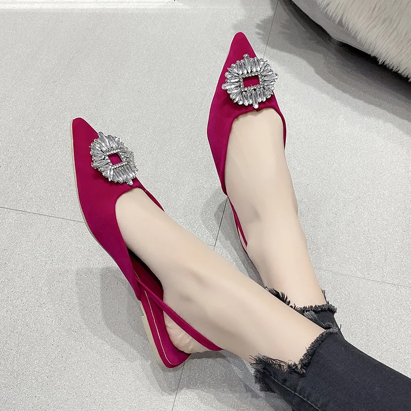 

2023 New Women's Shoes Pointed Toe Shallow Nude Pink Diamond Shoes Flat Heel Back Strappy Shoes Women Mules Sandalias De Mujer