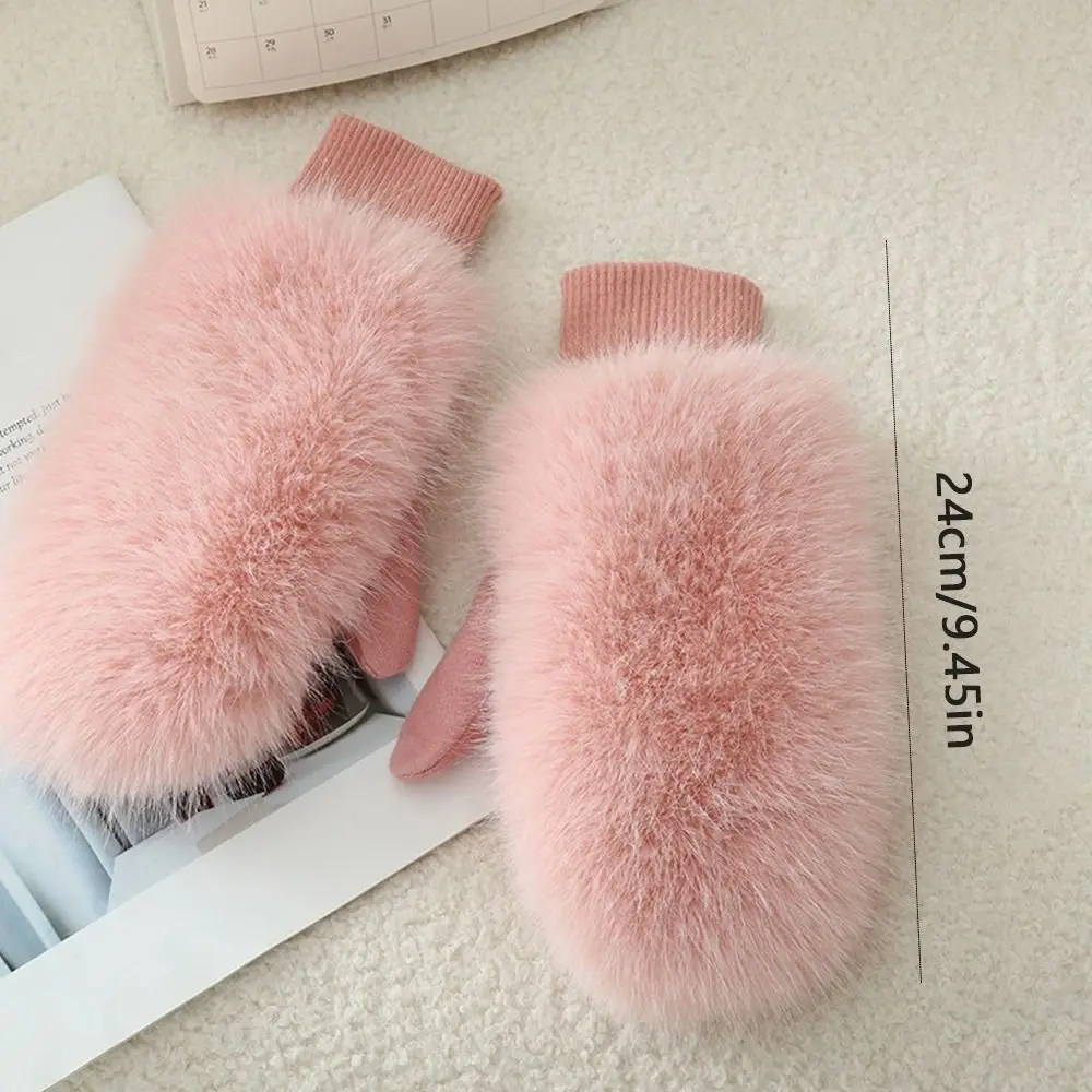Cute Imitation Rabbit Fur Windproof Gloves Soft Full Fingers Winter Warm Gloves Thick Warm Lining Women Mittens Cold Weather
