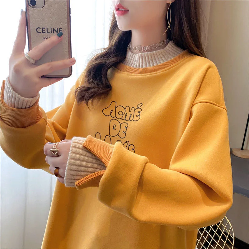 

Half-turtleneck Fake Two Sweatshirts Women Casual Thickened Winter Fleece Women Clothing 2023 New Streetwear Sweatshirts