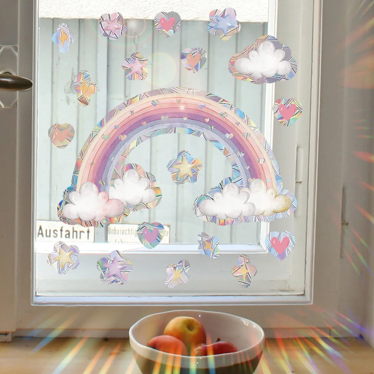 Pink Rainbow Cloud & Heart Window Cling - Sun-Activated Iridescent Static Decal with Stars, Double-Sided View Glass Films
