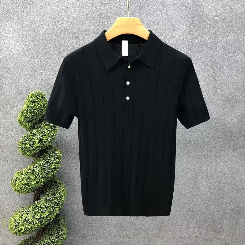 Men Polo Shirt 2023 Summer New Thin Ice Silk Elastic Casual Slim