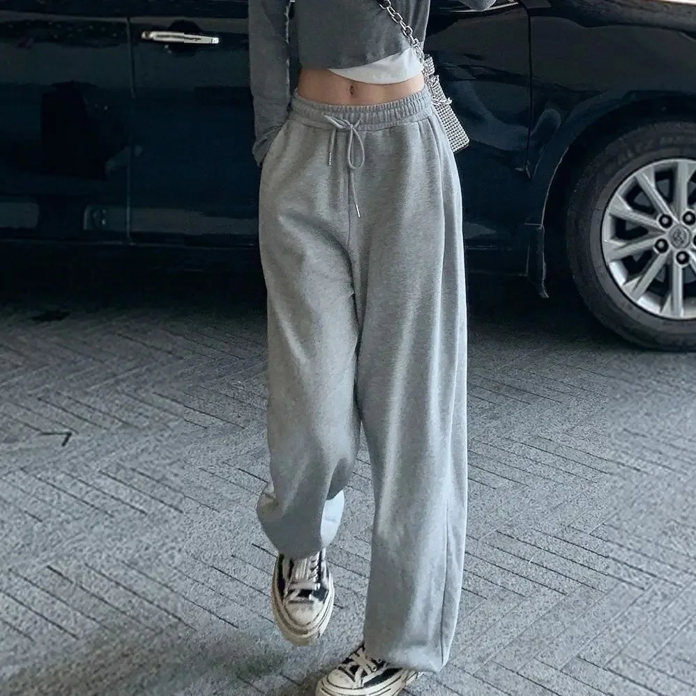 رمادي فاتح سراويل تقليدية المرأة الخريف نمط واسعة الساق Sweatpants مستقيم قطع السراويل الرياضية شارع العليا الاتجاه الإناث الموضة