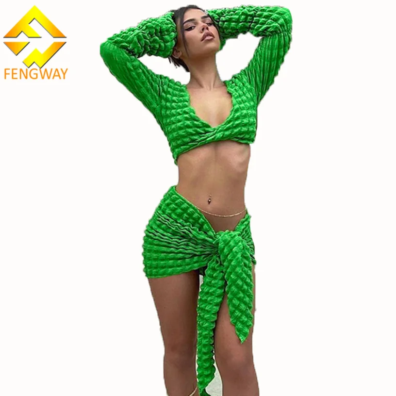 

Женский комплект из юбки и топа Fengway, комплект из двух предметов, короткий топ с длинным рукавом и бандажная мини-юбка с вафельными буфами, лето 2023