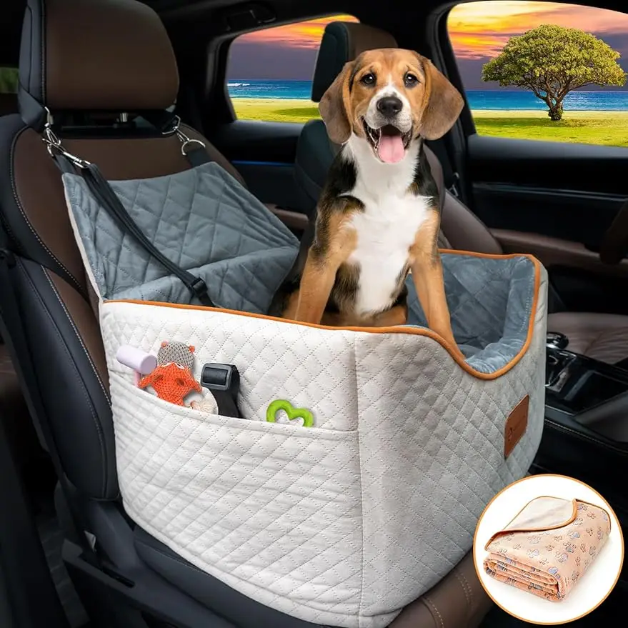 

Memory Foam Booster Dog Car Seat with Washable Removable Cover, Elevated Pet Car Seat, Anti-Slip Sturdy Dog Booster