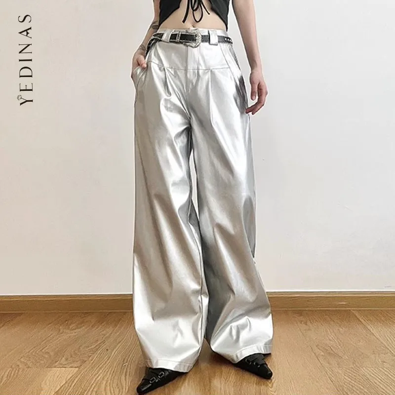 

Yedinas Streetwear Unique Sliver Pants Women Korean Fashion Chic Straight Solid Pu Leather Trousers Flat Autumn 2023 Y2k Bottom