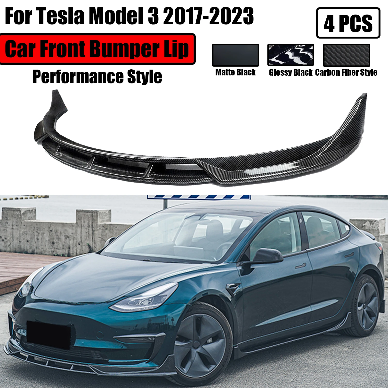4 Pezzi Per Tesla Model 3 2017- 2023 Paraurti Anteriore Per Auto Lip Performance Style Spoiler Splitter Fast Aero Body Kit Stile In Fibra Di Carbonio