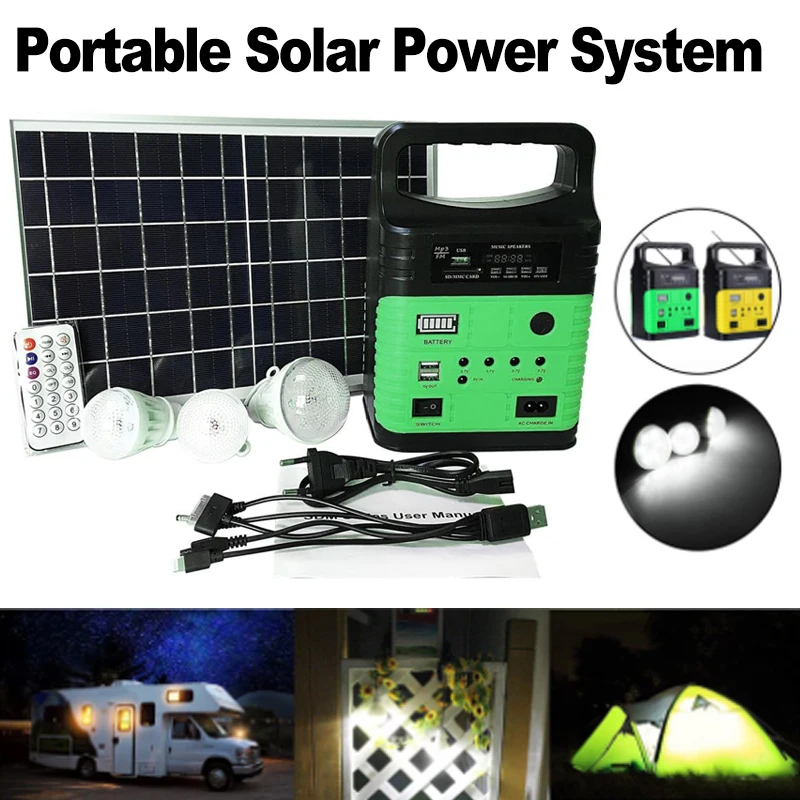 Solar Generator Outdoor Power Mini DC6W Solar Panel 6V-9Ah Battery Charging LED Lighting System 3 LED Bulbs + Remote Control