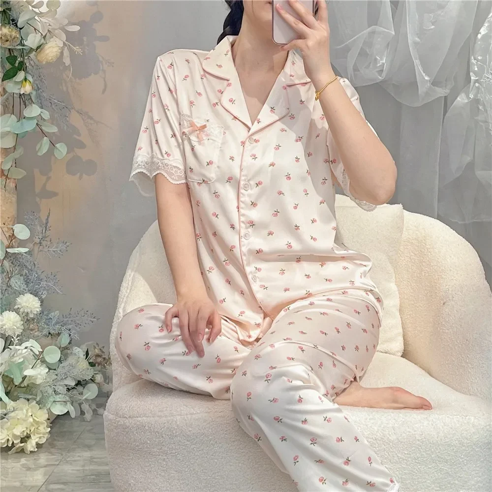 

Lapel Print Pyjamas Set Summer Nightwear Satin 2Pcs Sleepwear Homewear Women Short Sleeve Shirt&Trousers Pajamas Suit Lingerie
