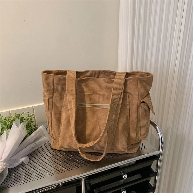 Corduroy Tote Bags for Women Large Capacity Multiple Pocket Handbag Shoulder Bag Minimalist Casual Crossbody Purse for Daily Use