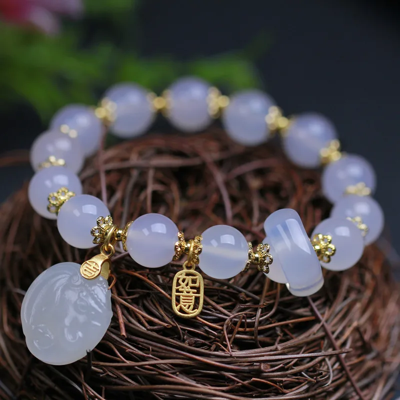 

Natural White Agate Bracelet with Hotan Jade Light Smoke Purple Elephant Accessories Design Temperament Male and Female Headwear